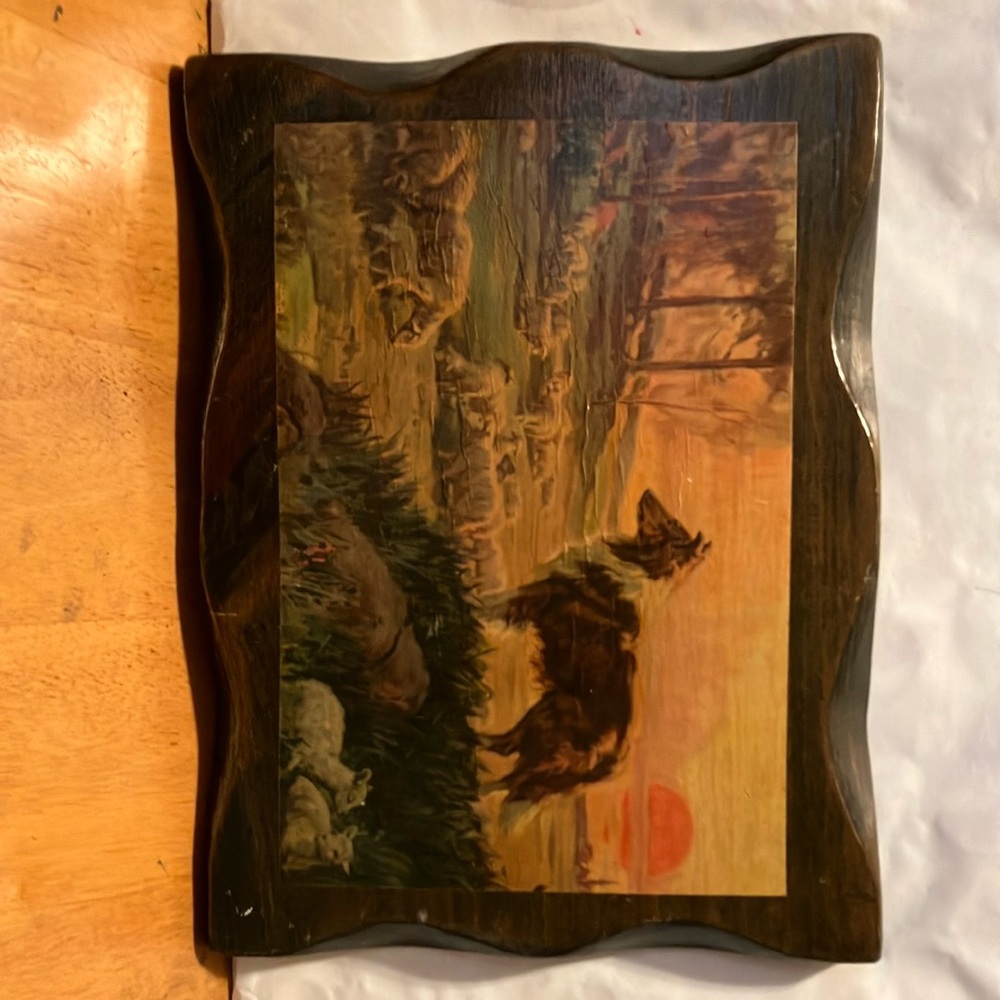 Handcrafted wood painting. Sz 9”-12” by MA artist. Shaped n shellacked Lassie